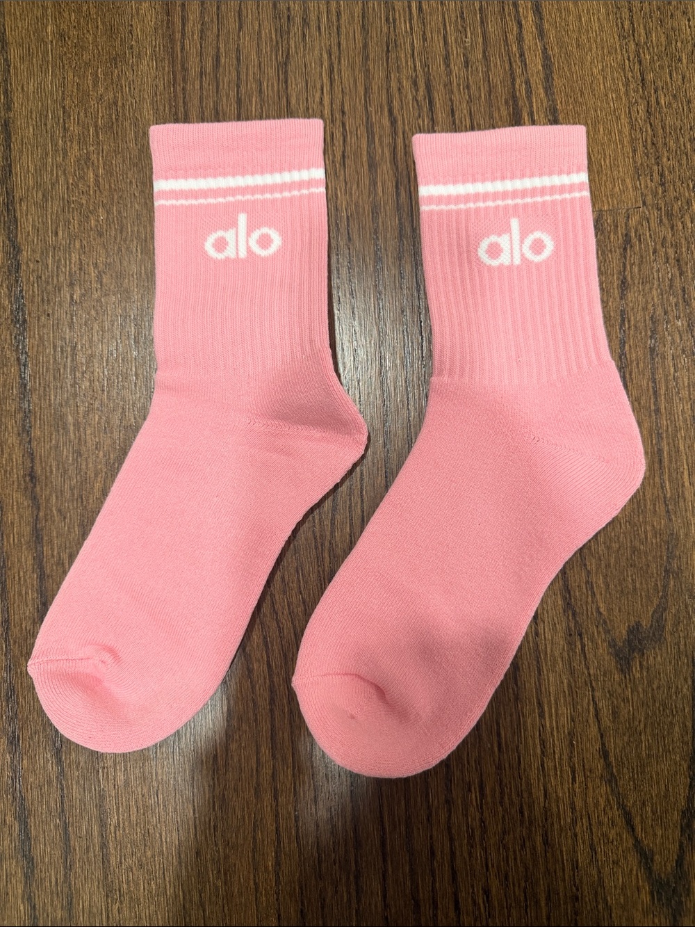 ALO Yoga Pink Athletic Crew Socks with White Logo Stripes